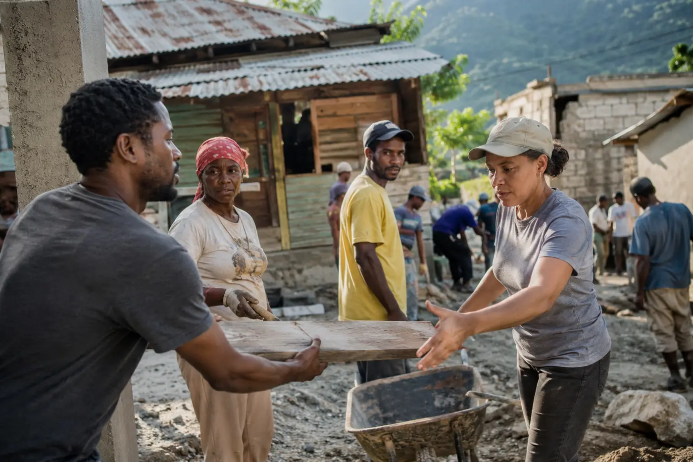Membres d'une communaute et intervenants engages dans une action de reconstruction locale en Haiti